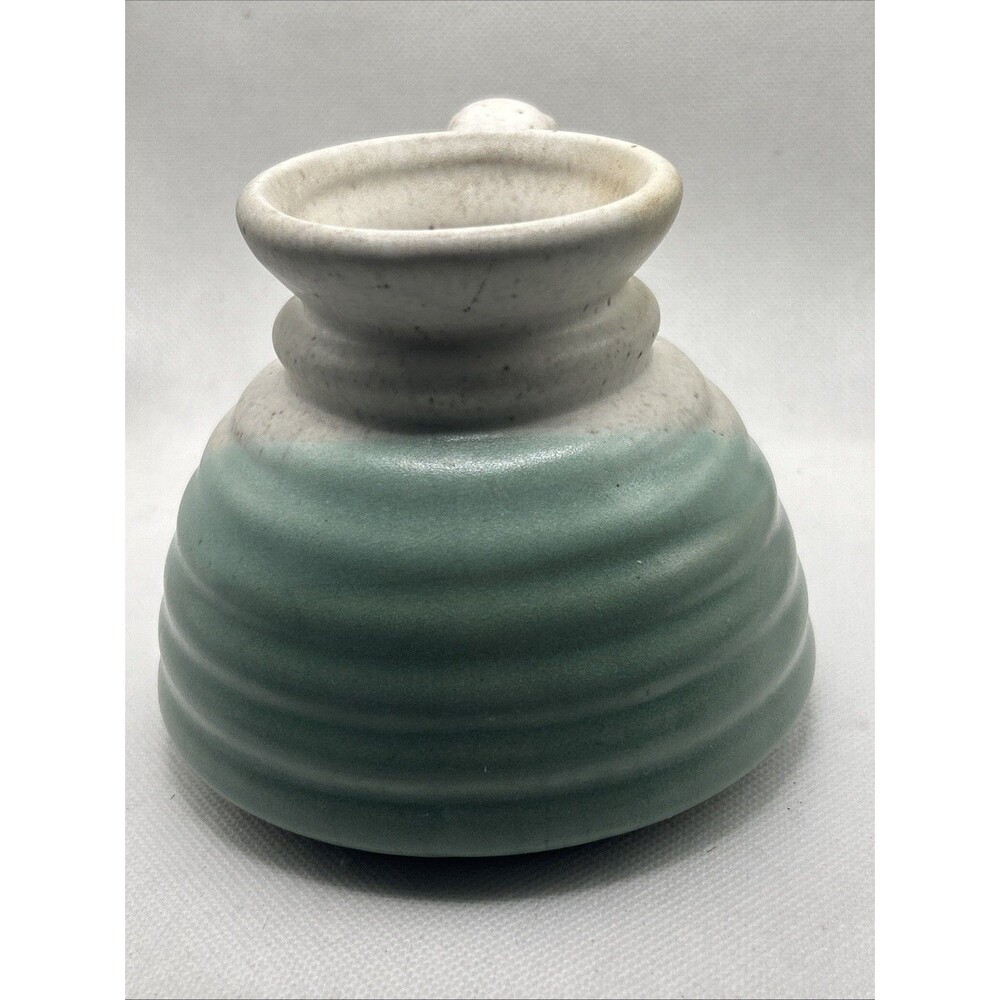 Vintage Pottery Travel Mug Spill Proof Car Cup No Slide Green White 1980s Retro - Picture 2 of 5